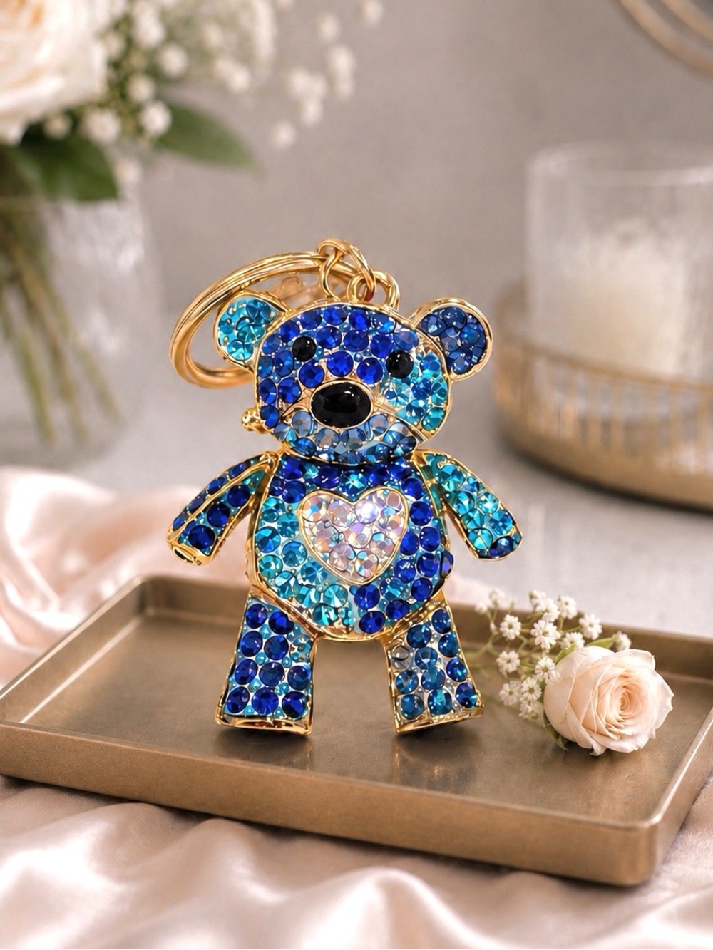 Sparkling Blue and Gold Bear Keychain